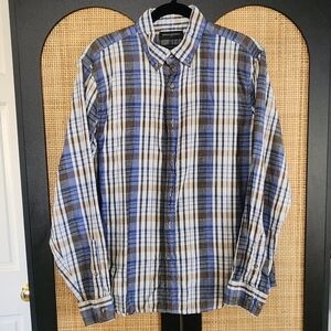 Banana Republic Men's Blue and Brown Plaid Shirt M